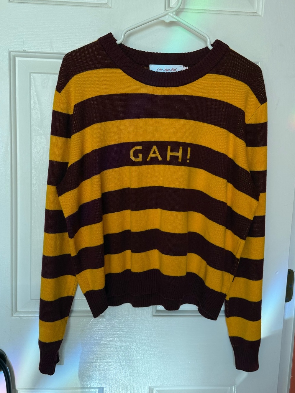 Lisa Says Gah Striped 'GAH!' Crewneck Sweater in Yellow and Maroon